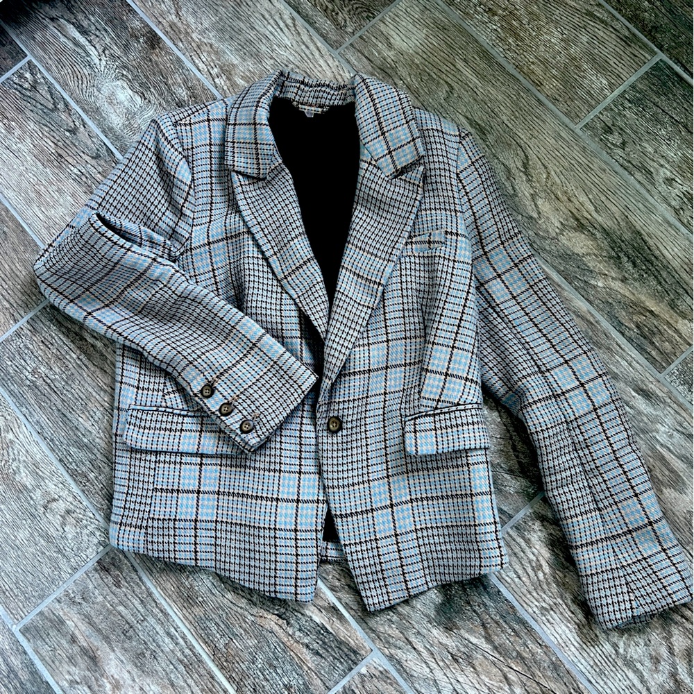 🍁Fall Favorite! Free People 100% Linen Plaid Blazer, Brown Blue, Women’s Size M